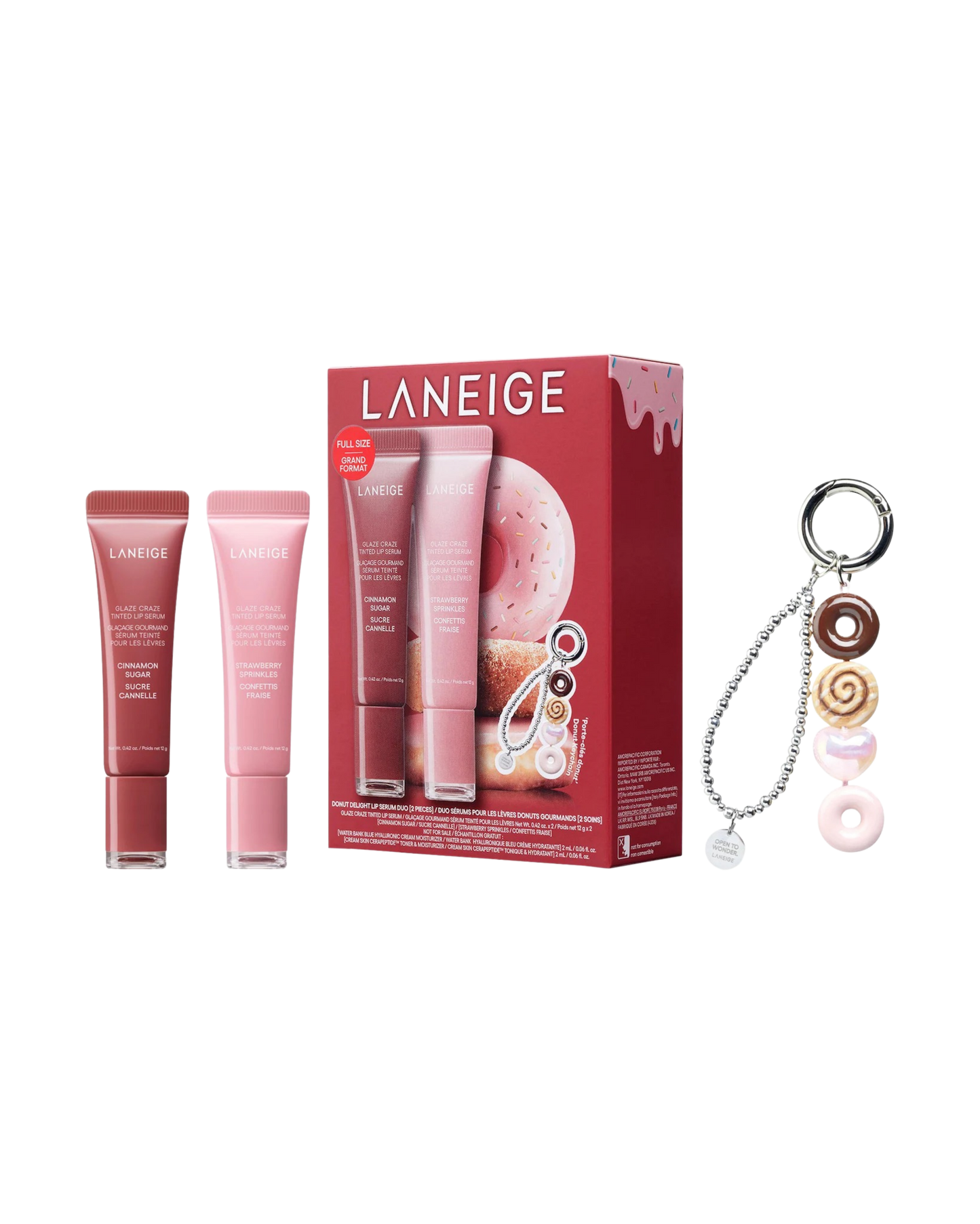 LANEIGE GLAZE CRAZE DONUT DELIGHT HYDRATING TINTED LIP SERUM DUO + FREE KEYCHAIN